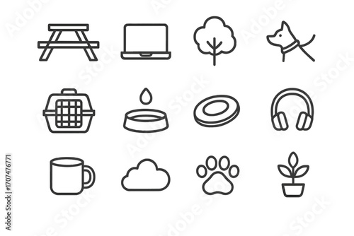Outdoor Work Icon Set. Outline icon set of outdoor working with pets: picnic table, laptop, tree, dog on leash