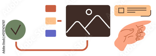 Hand gesture pointing to an image preview with color palette, checklist, and approval tick. Ideal for content review, workflow approval, task management, communication, presentation, branding simple