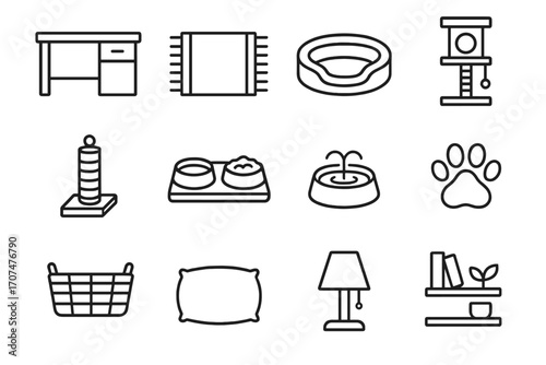 Pet-Friendly Office Icons. Outline icon set of pet-friendly office design: open desk, rug, dog bed, cat tower,