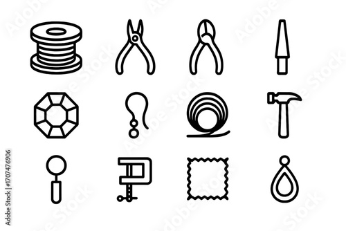 Wire Jewelry Tools. Outline icon set of wire jewelry: spool of wire, pliers, cutters, mandrel, gemstone bead,