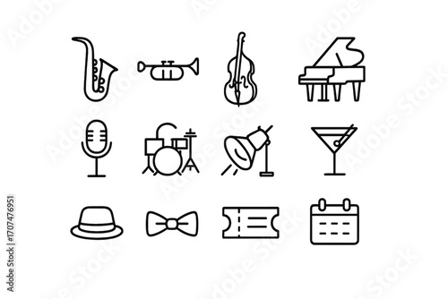 Jazz Concert Icon Set. Outline icon set of jazz concerts: saxophone, trumpet, double bass, piano, microphone,