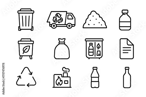 Waste Management Icons. Outline icon set of waste management: garbage bin, recycling truck, landfill, compost