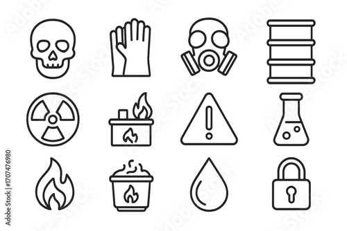 Hazardous Waste Icons. Outline icon set of hazardous waste treatment: skull symbol, protective gloves, gas