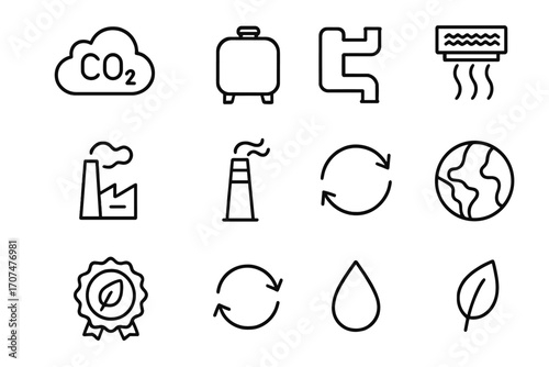 Carbon Capture Icons. Outline icon set of carbon capture: CO2 cloud, storage tank, pipe system, filter,