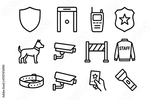 Concert Security Icons. Outline icon set of concert security: shield, metal detector, walkie-talkie, security