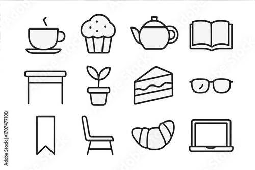 Bookshop Café Icons. Outline icon set of bookshop café: coffee cup, muffin, tea pot, open book, table, plant,