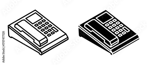 Linear icon, isometric landline wired office phone with buttons. IP communication aerial view. Simple black and white top view vector isolated on white background