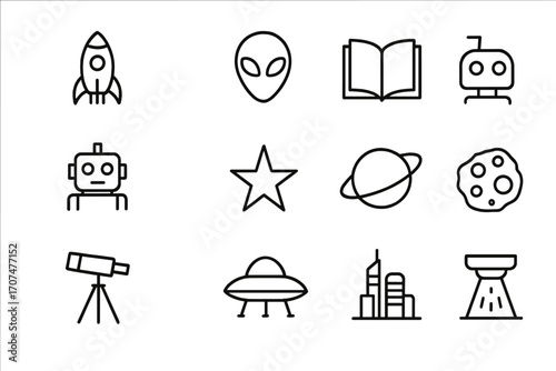Sci-Fi Bookstore Icons. Outline icon set of science fiction bookstores: rocket, alien, open book, robot, star,