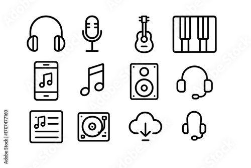 Online Music Icons. Outline icon set of online music industry: headphones, microphone, guitar, piano keys,