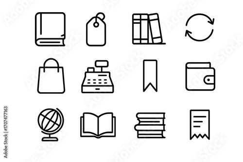 Second-Hand Bookshop Icons. Outline icon set of second-hand bookshops: worn book, price tag, bookshelf,