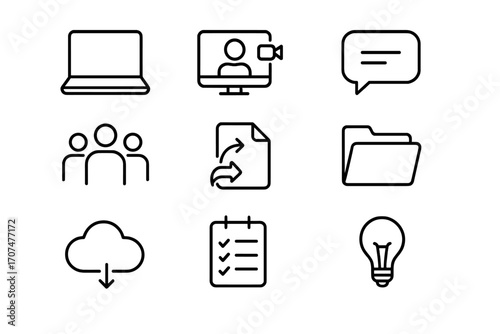 Collaboration Tools Icons. Outline icon set of creative collaboration tools: laptop, video call, chat bubble,