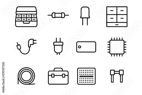 Electronics Icon Collection. Outline icon set of hobby electronics storage: component box, resistor, capacitor