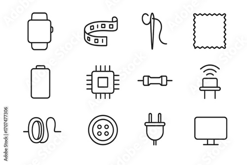 Wearable Tech Icons. Outline icon set of wearable electronics: smartwatch, LED strip, sewing needle, fabric,