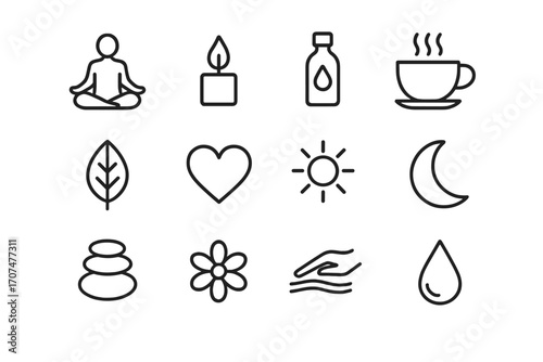 Wellness Icon Set. Outline icon set of wellness getaways: lotus pose, candle, essential oil bottle, tea cup,