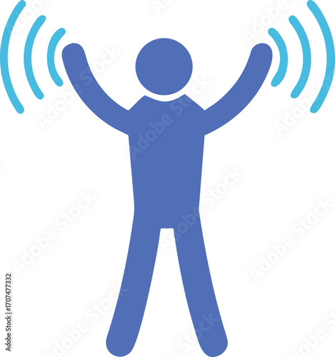 Blue silhouette of a person with arms raised broadcasting signals or waves

