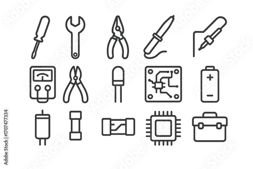 Electronic Repair Icons. Outline icon set of electronic repair: screwdriver, wrench, pliers, soldering iron,