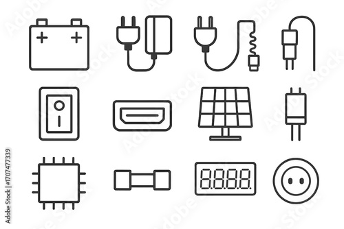 Power Supply Icons Grid. Outline icon set of power supply projects: battery, adapter, plug, cable, switch, USB