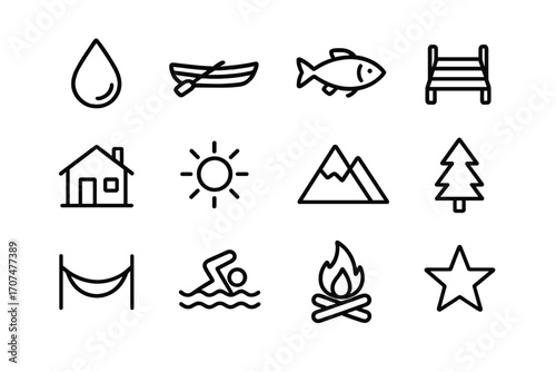 Lake Retreat Icons. Outline icon set of lake retreats: water droplet, boat, fish, pier, cabin, sun, mountain,