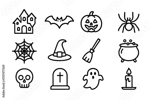Halloween Icons Outline. Outline icon set of spooky Halloween night: haunted house, bat, pumpkin, spider, web,