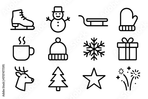 Festive Icons Collection. Outline icon set of festive activities: ice skate, snowman, sled, mitten, hot cocoa,