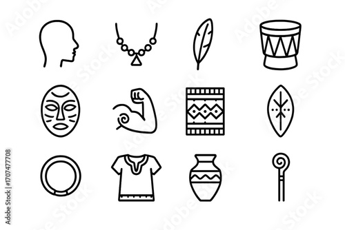 Cultural Identity Icons. Outline icon set of cultural identity: face silhouette, necklace, feather, drum, mask