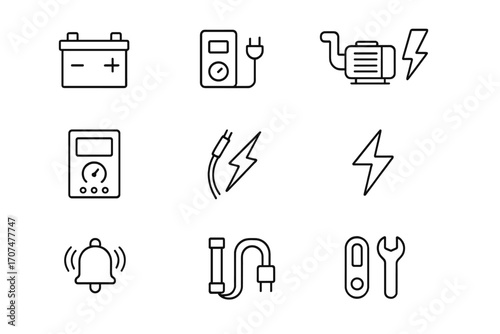 Battery Backup Icons. Outline icon set of battery backup for pumps: battery, charger, pump motor, control