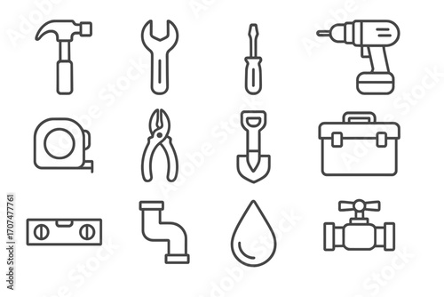 Home Repair Tools Icons. Outline icon set of home repair tools: hammer, wrench, screwdriver, drill, tape