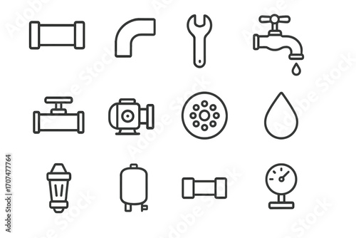 Plumbing Components Icons. Outline icon set of plumbing components: pipe, elbow joint, wrench, faucet, valve,
