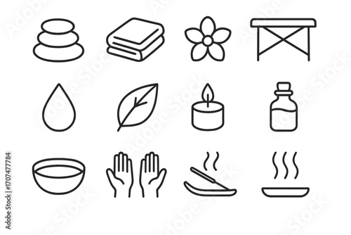 Hot Stone Massage Icons. Outline icon set of hot stone massage: massage stones, towel, flower, table, water