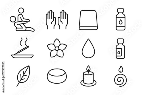 Thai Massage Icon Set. Outline icon set of Thai massage: yoga pose, therapist hands, mat, towel, incense,