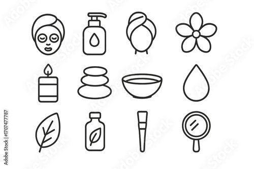 Spa Treatment Icons. Outline icon set of spa treatments: facial mask, lotion bottle, towel wrap, flower,