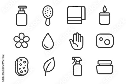 Body Care Icons. Outline icon set of body care routines: lotion bottle, brush, towel, candle, flower, water