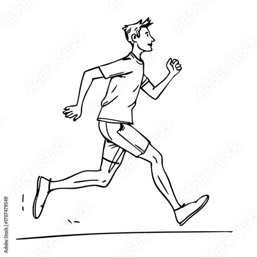 A black and white line art illustration depicts a man in profile, wearing a t-shirt and shorts, actively running or jogging with a determined expression on a plain white background
