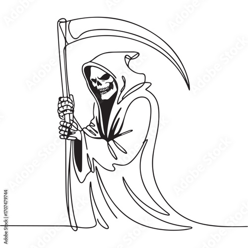 Continuous Simple black line art drawing of a Grim reaper in a minimalist style on a white background.