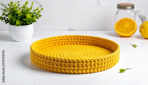 yellow basket on a white 
