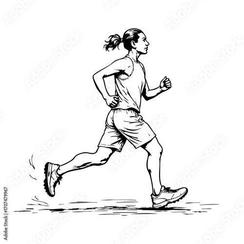 lari 1-01A black and white line art illustration depicts a person with a ponytail actively running, dressed in athletic wear, showcasing movement and energy on a white background.