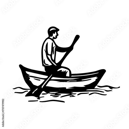 monochrome illustration depicts a person seated in a small boat, actively rowing with a single oar across gently rippling water, rendered in a striking silhouette