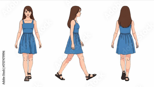 Vector Illustration of Teenage Girl Silhouette Front Side Back View Walking in Summer Clothes AI EPS PNG
