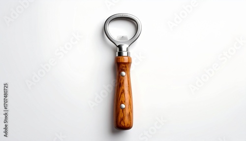 Wooden-handled bottle opener with metal head and rivets on white background for editorial kitchen photography functional tool decor and poetic craftsmanship-themed visuals
