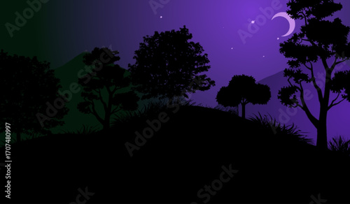night view, with a crescent moon and stars around it, a hill covered with trees and grass around the trees, black and purple.