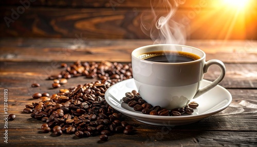 Closeup of a hot cup of brown coffee beans with rich aroma on a dark background