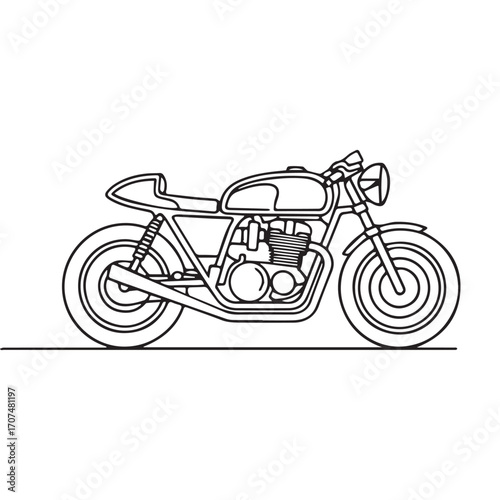 Continuous Simple black line art drawing of a motorcycle in a minimalist style on a white background.