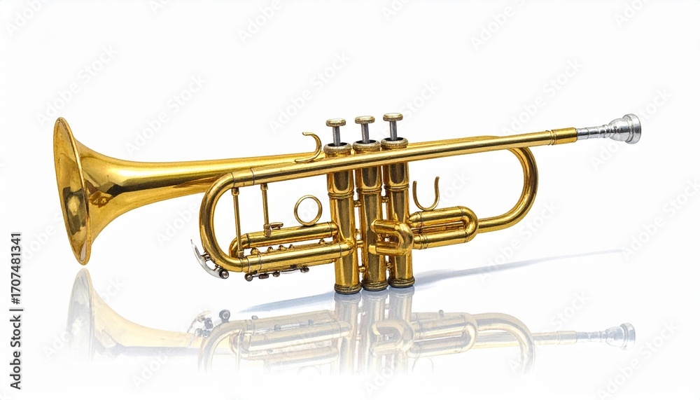 Obraz premium Brass trumpet with golden body, silver mouthpiece, flared bell, and three piston valves, placed against a white background. A classic and elegant composition ideal for music-themed branding, editorial