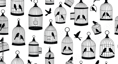 birdcage, bird, flying, perched, silhouette, freedom, captivity, escape, cage, open, closed, flock, vector, black, white, pattern, design, symbolic, decorative, theme