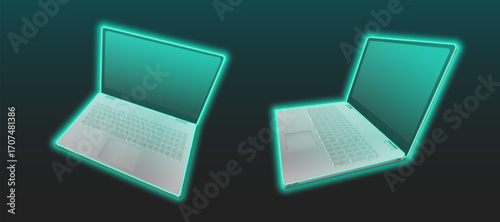 Laptop mockup with neon glow effect on dark background for futuristic design presentations. Green light illuminating silver notebook computer screen and keyboard. Tech device visualization concept.