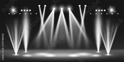 Stage with spotlight beam light - white rays on dark background for concert or theater performance. Bright illumination equipment and projectors with dramatic effect. Show lighting design elements.