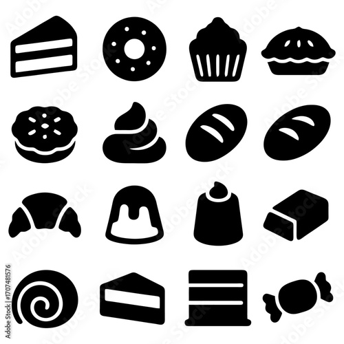 Delights in Silhouette: An assortment of pastries, cakes, and confections in stark monochrome, embodying the simple elegance and culinary beauty of each pastry.