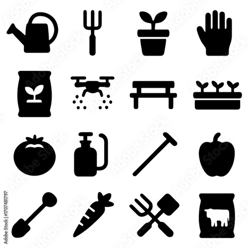 Gardening Equipment Icons: a set of gardening tools and elements depicted in a clean, minimalist style, perfect for illustrating agricultural or horticultural concepts.