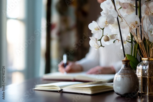 A small writing desk by a bright window decorated with orchids. An employee flipping through a journal. The mood feels gentle and focused, Generative AI