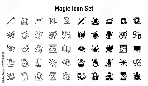 Magic & Illusion Icons with two style outline and glyph, on white background isolated